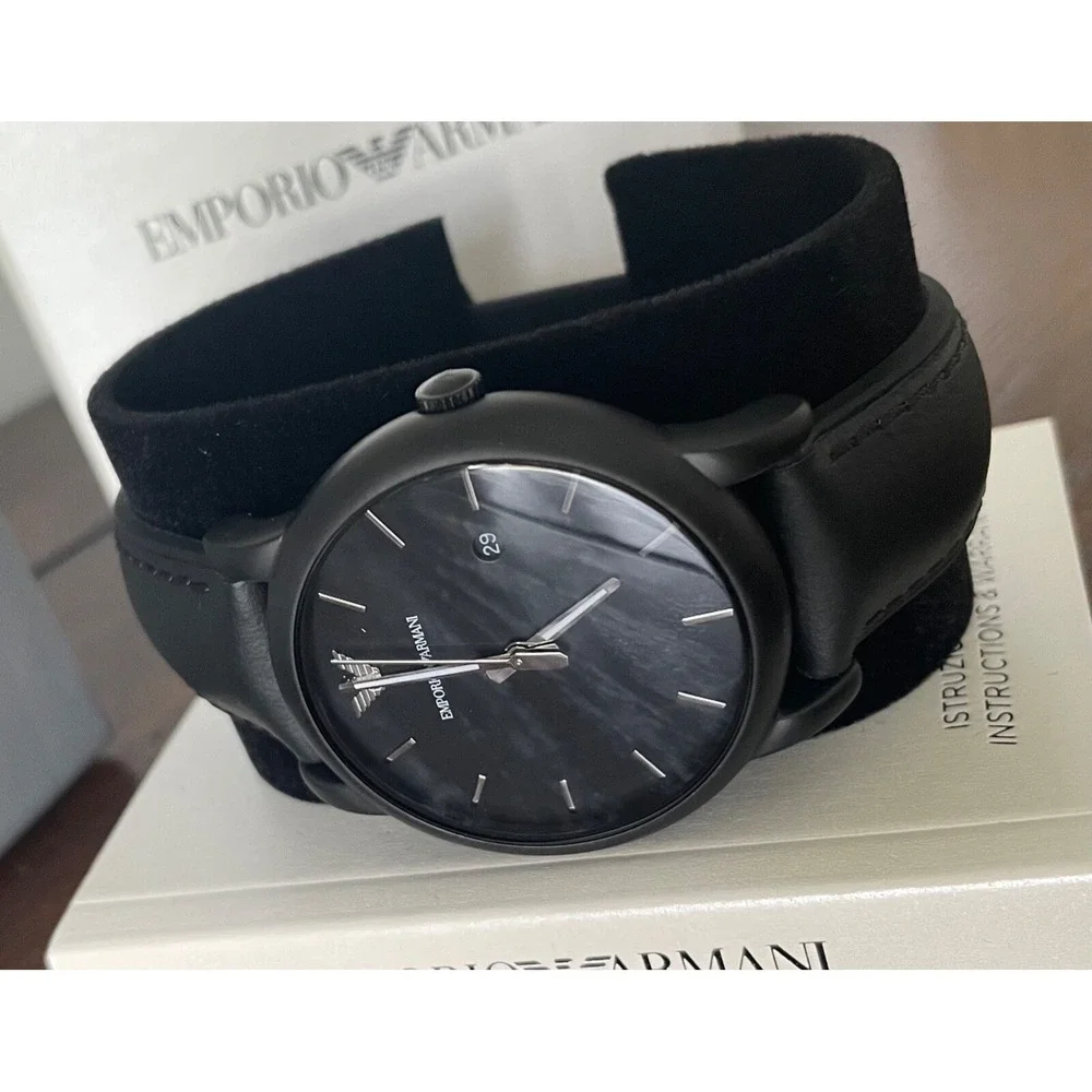 Emporio Armani Mens Classic Black Leather and Silicone Strap Watch AR1973
